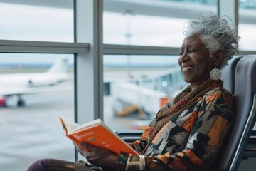 Elderly African American woman reading a book in an airport, cheerful.