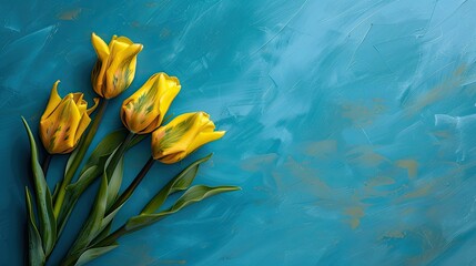 A vibrant spring greeting card featuring three cheerful yellow tulips set against a serene blue backdrop perfect for celebrating Valentine s Day Mother s Day or Easter The top down view cap