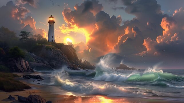 lighthouse rocky shore waves crashing heavenly lights harmony swirly clouds painted bright deep color sun rays beams angry light sunset deviant random arts