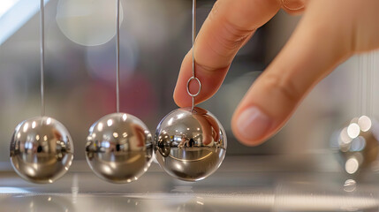 finger pushing newton cradle silver balls