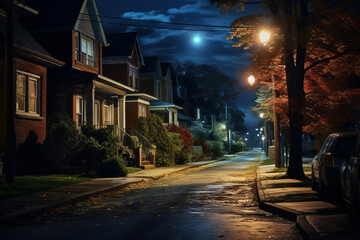 Fototapeta na wymiar A quiet residential street at night with a car parked on the side