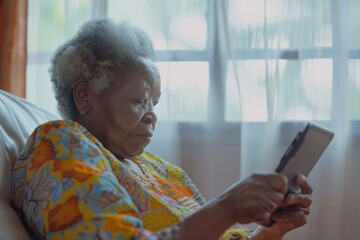 Elderly African American woman using a tablet at home, concentrated.