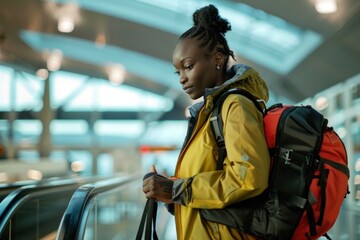 African American woman with a yellow jacket on an airport escalator.