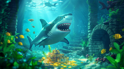 Fototapeta premium Big shark on the underwater and take care the gold coin, Illustration.