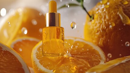 A dropper bottle of orange essential oil next to a sliced orange and orange wedges.
