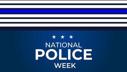 National Police Week vector banner design with American flag theme style with stripes, stars, typography, blue white and black colors. banner, cover, poster, flyer, brochure, for National Police Week.