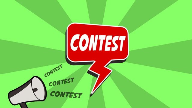 Vibrant illustration of a contest theme, featuring a styled megaphone and red text bubble on a green background. Perfect for promotional advertisements and event announcements. 4k video