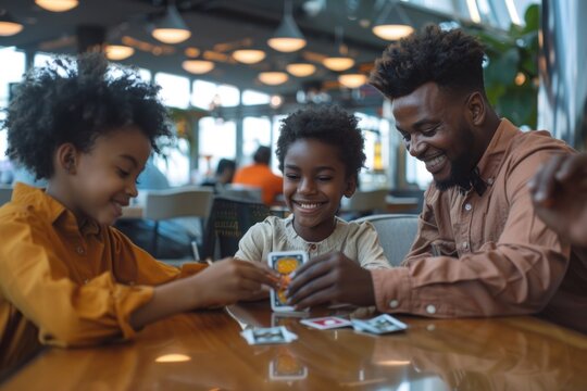 African American father and children playing cards at an airport cafe