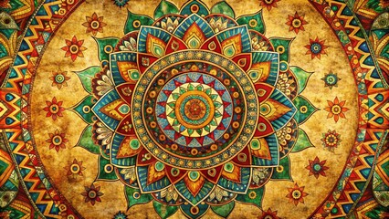 mandala colorful vintage art, ancient Indian vedic background design, old painting texture with multiple mathematical shapes