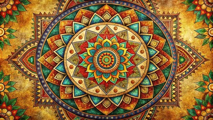 Fototapeta premium mandala colorful vintage art, ancient Indian vedic background design, old painting texture with multiple mathematical shapes