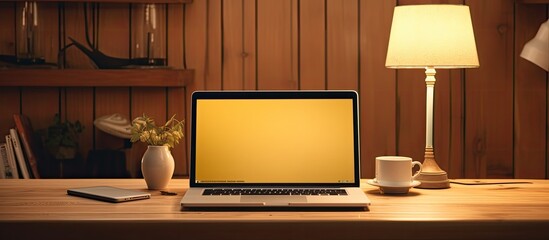 Personal computer on desk with lamp, part of interior design