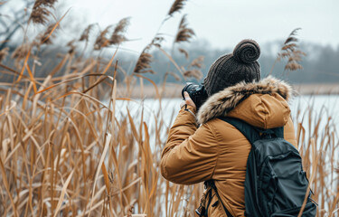 A photographer is taking photos of reeds by the lake, wearing beige down jacket and carrying professional cameras on their backs.