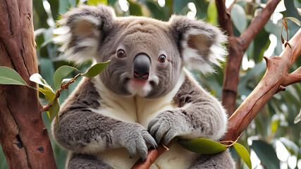 A cute koala bear is sitting on the tree and eating leaves in the forest,