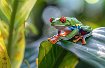 Redeyed tree frog perched on the leaf of an exotic plant in a rainforest