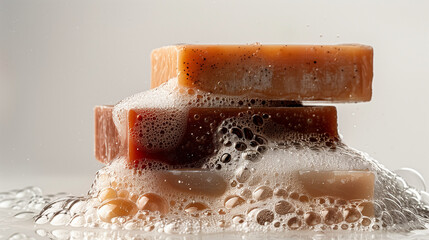 A photo of three soaps stacked, close-up.  White background. Raw graphic photos. Cosmetics advertising materials.