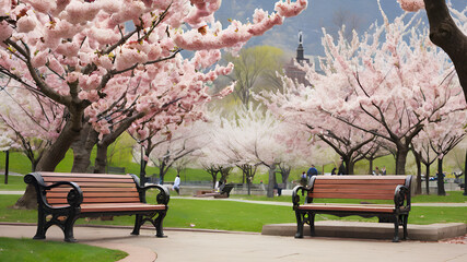 
A Japanese park with cherry trees and grass and empty wooden desks,amazing spring scenery,