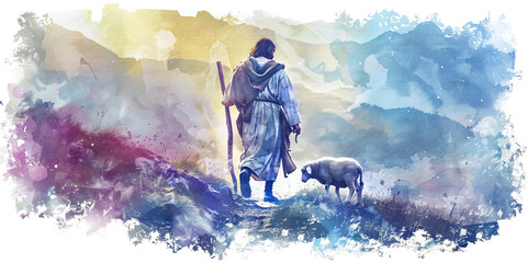 Good Shepherd: The Shepherd Carrying a Lamb - Picture Jesus as the good shepherd carrying a lost lamb, illustrating his care for each individual.  - obrazy, fototapety, plakaty