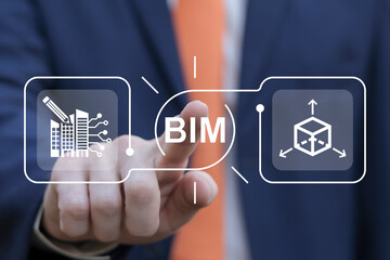 Man using virtual touchscreen clicks text: BIM. Building Information Modeling ( BIM ) Engineering Development Software Concept. BIM 3d modeling services, estate development, architecture visualization