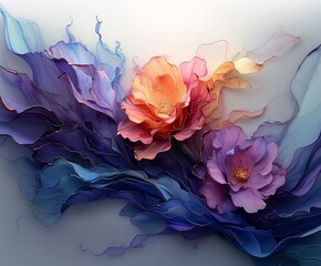 two flowers wall blue pink liquid sculpture peony color fractals swirling outward hanging scroll dried colors wisps