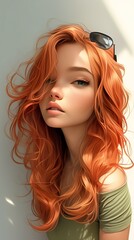 woman long red hair sunglasses brunet teen orange cute unusually unique beauty bone structure teenage girl humanized thin lustrous auburn - obrazy, fototapety, plakaty