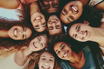 Group of happy young women standing in a row. Top view.