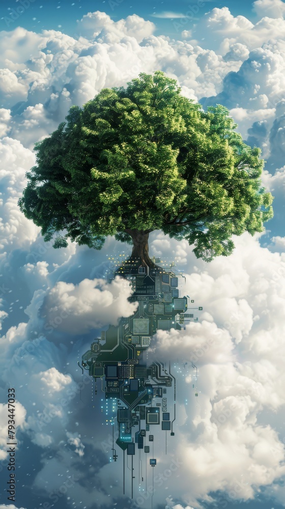 Poster digital nature fusion: tree and circuit board cloudscape