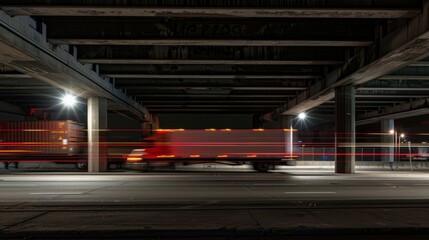 A night scene of a truck passing under freeway overpasses, the overhead lights creating a rhythmic pattern of illumination and shadow, highlighting the non-stop nature of the trucking world.
