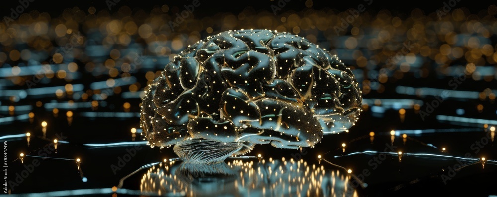 Poster 3d illustration of a glowing brain connected to a circuit board, symbolizing ai and neural networks