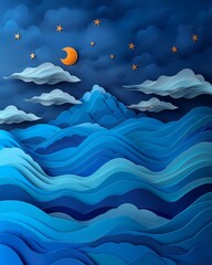 paper cut boat ocean calm night illustration pattern sky ceremonial clouds streaming flat surreal design big wave foam young
