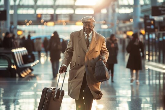 Smiling African American senior man in a trench coat walking with luggage at the airport.