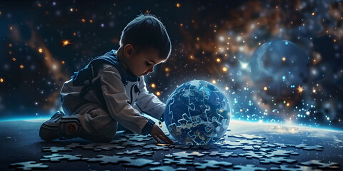 Young Boy holding a planet with Bokeh background,  Boy Holding a Planet