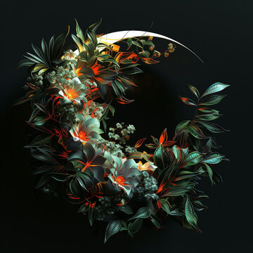 Abstract shape half sun half moon, foliage and flowers incorporated, light emitting, black background
