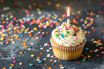 A festive birthday cupcake with a lit candle surrounded by colorful sprinkles, with copy space for text