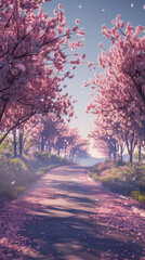 Country road lined with blooming cherry trees in spring, Soft pink petals falling, Gentle morning light with a serene and peaceful mood