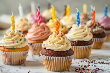 cupcakes with frostings and candles for celebrations. - obrazy, fototapety, plakaty