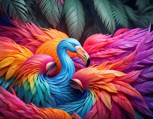 a bunch of flamingos made of colorful rainbow feathers