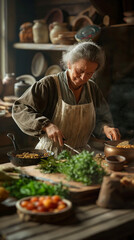 Elderly woman cooking traditional food in a rustic kitchen, Old wooden table with herbs and spices