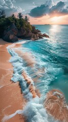 beach waves coming transparent flowing white robes color paradise fairyland morning dawn toned colors caribbean sand swirling dangerous