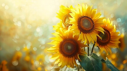 three sunflowers vase blurry background toward sun rays caustics bright sunny daylight july row yellow sunbeam