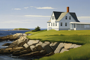 painting of a house on the coast, muted primary colors theme.