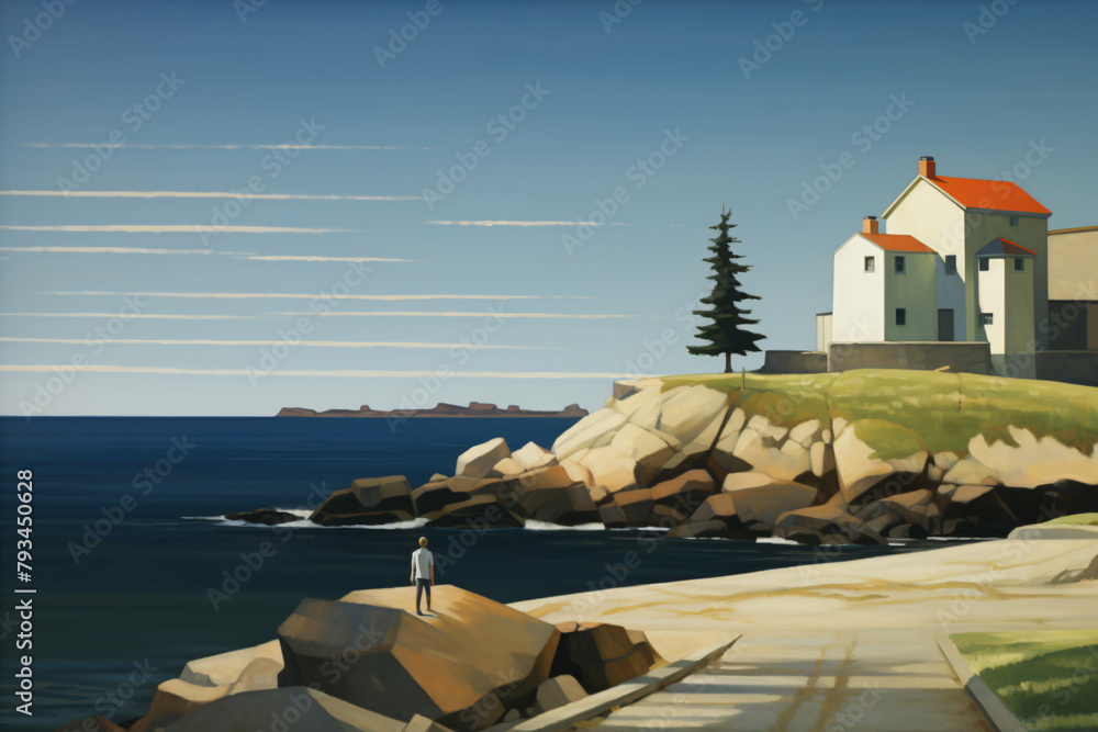 Wall mural painting of a house on the coast, muted primary colors theme.