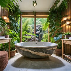 bathroom interior.a lavish bathroom with a one-of-a-kind stone bathtub complemented by wooden accents and lush indoor greenery, creating an indulgent spa-like ambiance. - obrazy, fototapety, plakaty
