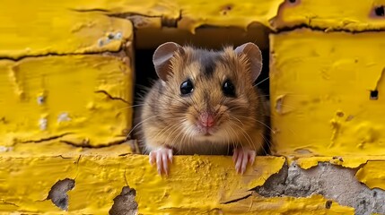 A close-up picture of the hollow yellow hole on the wall shows the hamster staying inside. The wall has been made from some material that can still break to allow a view through the other side.