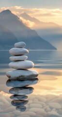 stack rocks reflective surface mountain background meditation setting bliss treading above calm deep balance white stones spirituality monk peace banner clarity