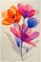 three flowers painted different color translucent xray expressive dried technical drawings vibrant dynamic semi transparent tulips fructose magazine