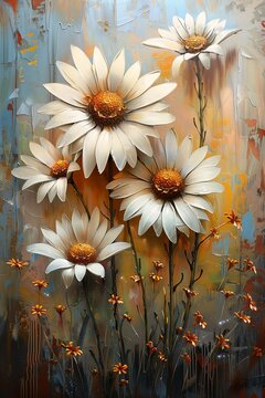 white flowers orange centers golden silver color petals falling summer autumn oil daisies blossoming rhythm high rated dripping paint urban