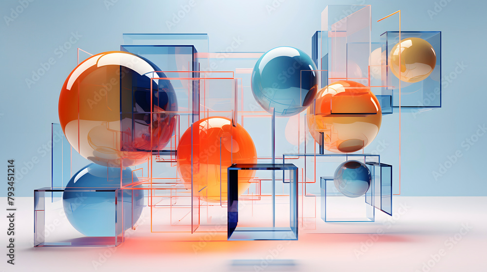 Wall mural digital technology floating geometrical elements colorful transparent glass poster web page ppt back