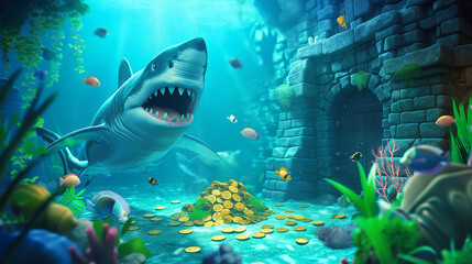 Fototapeta premium Big shark on the underwater and take care the gold coin, Illustration.