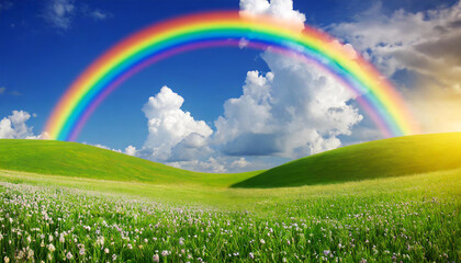 Obraz premium 青空にかかる虹と草原