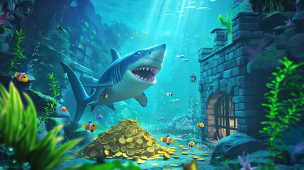 Fototapeta premium Big shark on the underwater and take care the gold coin, Illustration.